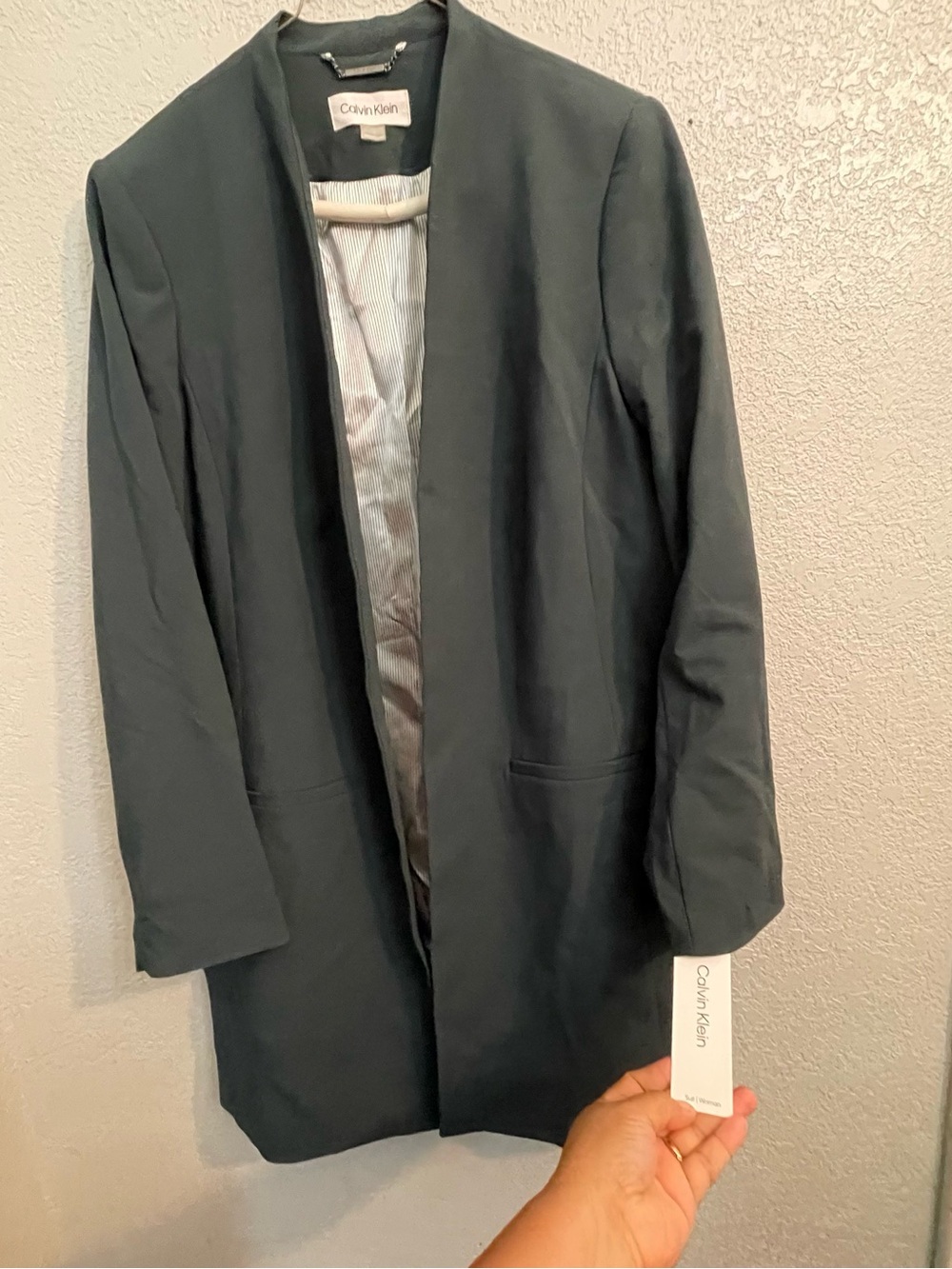 Calvin Klein Women's Dark Green Collarless Long Blazer - Picture 9 of 11